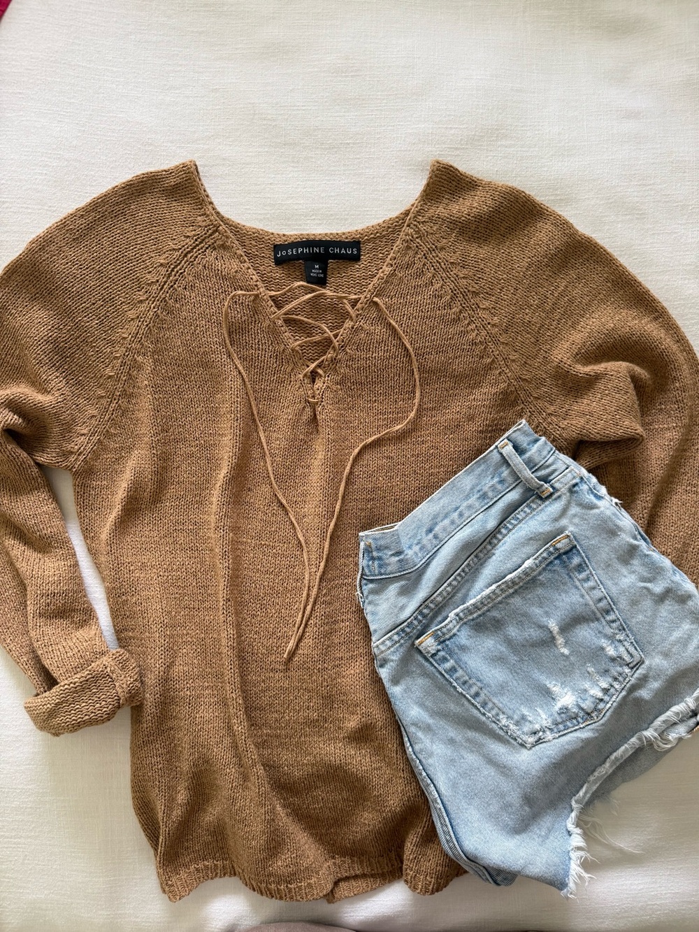 Josephine Chaus Camel Lace Up V-Neck Knit Sweater M Boho Summer Transition